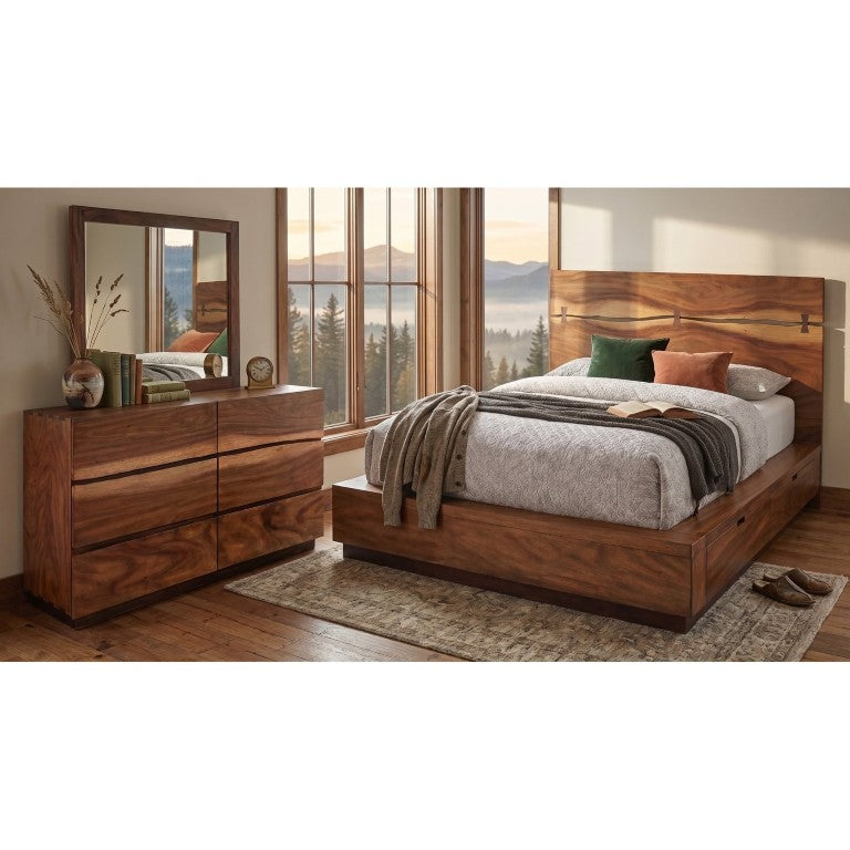 English Elm Ashcombe Smokey Walnut King Bedroom Set with Live Edge Headboard and Storage Bed B2777S00542