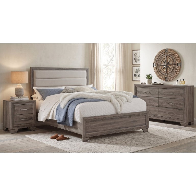 English Elm Hartley Queen Bedroom Set with Upholstered Headboard and Brown Oak Storage Pieces B2777S00544
