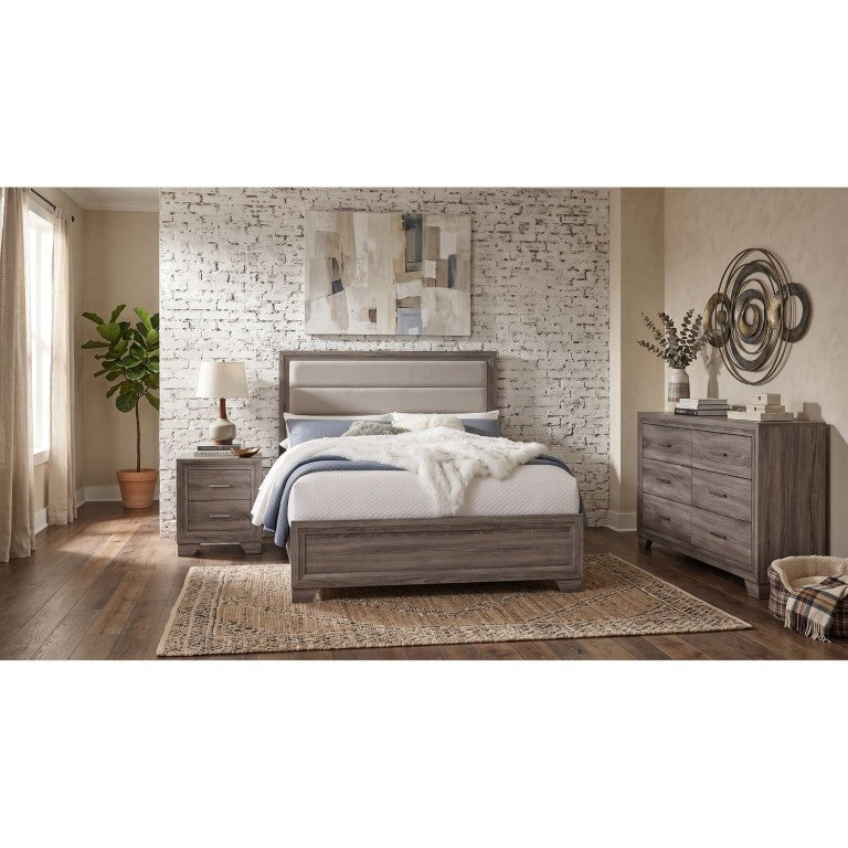 English Elm Hartley Queen Bedroom Set with Upholstered Headboard and Brown Oak Storage Pieces B2777S00544