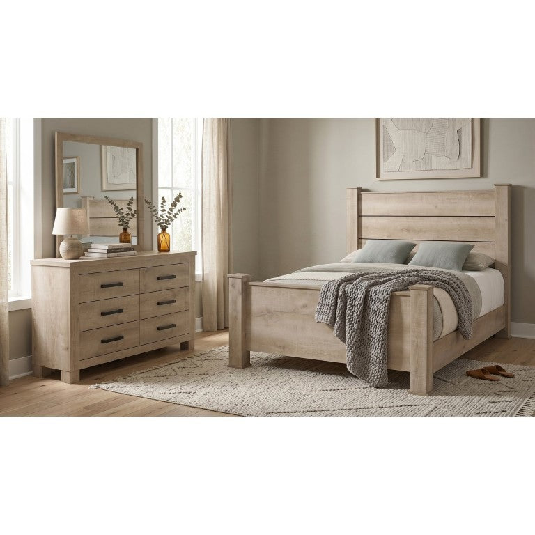 English Elm Cedarvale Queen Bedroom Set with Planked Headboard Six Drawer Dresser and Mirror B2777S00547