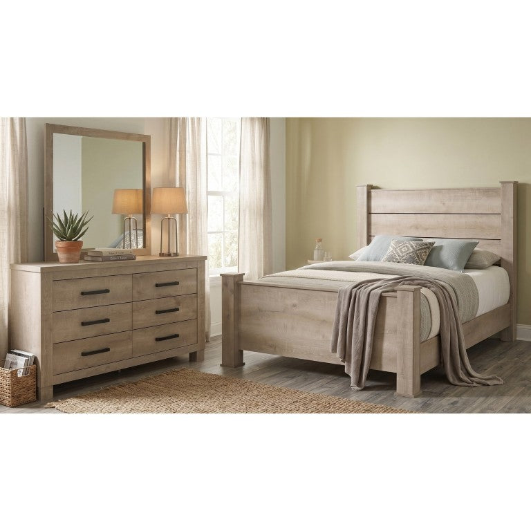 English Elm Cedarvale Queen Bedroom Set with Planked Headboard Six Drawer Dresser and Mirror B2777S00547