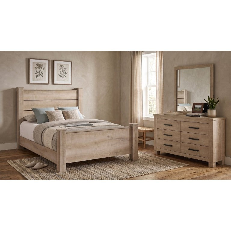 English Elm Cedarvale Farmhouse Bedroom Set with Plank Headboard Dresser and Weathered Oak Finish B2777S00548