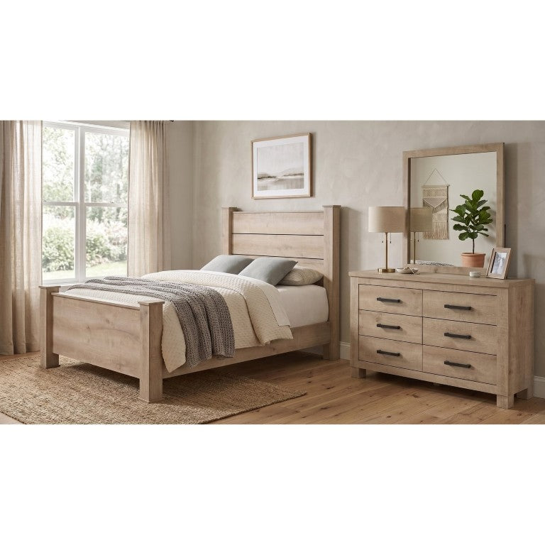 English Elm Cedarvale Farmhouse Bedroom Set with Plank Headboard Dresser and Weathered Oak Finish B2777S00548