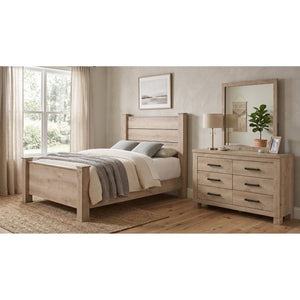 English Elm Cedarvale Farmhouse Bedroom Set with Plank Headboard Dresser and Weathered Oak Finish B2777S00548