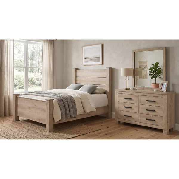 English Elm Cedarvale Farmhouse Bedroom Set with Plank Headboard Dresser and Weathered Oak Finish B2777S00548