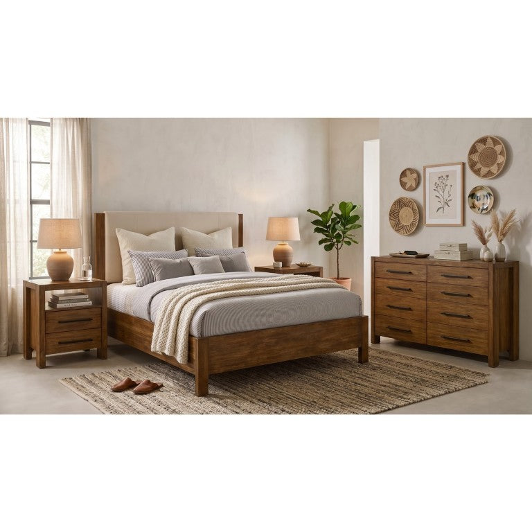 English Elm Alden Warm Brown Upholstered Panel Bedroom Set with Brass Hardware Four Piece Suite B2777S00553