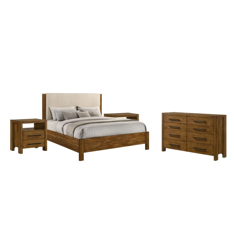 English Elm Alden Warm Brown Upholstered Panel Bedroom Set with Brass Hardware Four Piece Suite B2777S00553