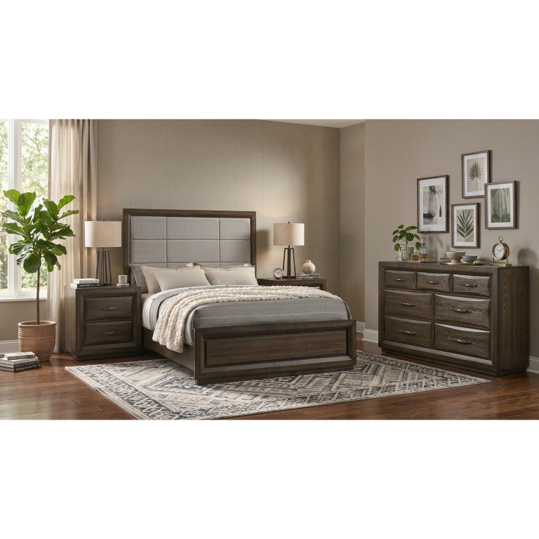 English Elm Archer Queen Bedroom Set with Upholstered Headboard Dark Oak Finish and Nickel Pulls B2777S00555