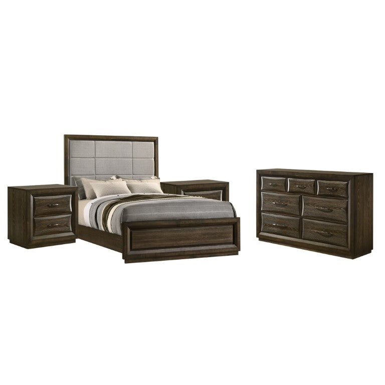 English Elm Archer Queen Bedroom Set with Upholstered Headboard Dark Oak Finish and Nickel Pulls B2777S00555