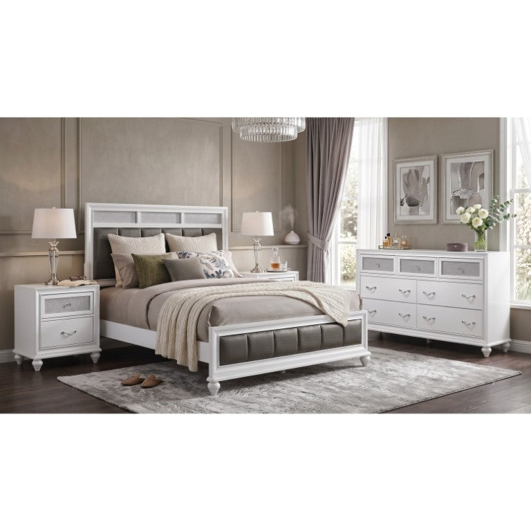 English Elm Brielle Queen Bedroom Set Hollywood Regency Leatherette Tufted White Glam 4 Piece B2777S00559