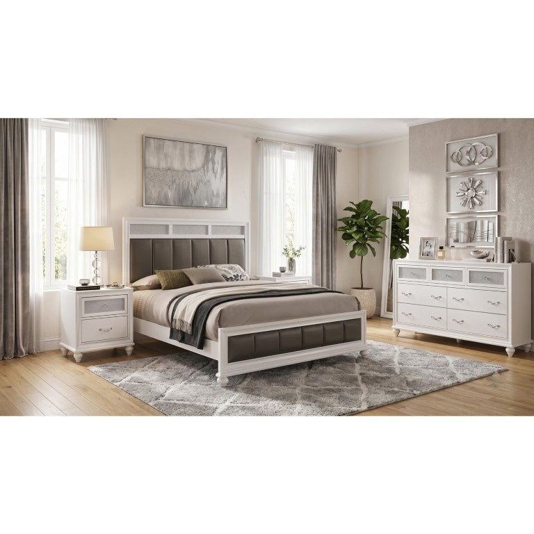 English Elm Brielle Queen Bedroom Set Hollywood Regency Leatherette Tufted White Glam 4 Piece B2777S00559