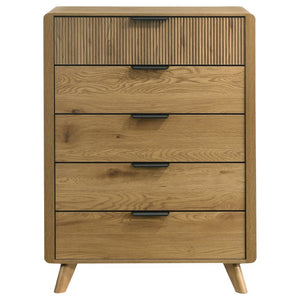 English Elm Beckett Queen Bedroom Set Mid-Century Oak Panel Bed with Reeded Drawers and Tapered Legs B2777S00561