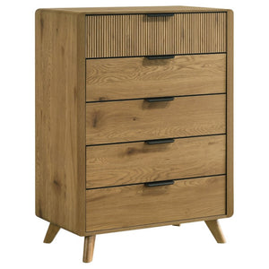 English Elm Beckett Queen Bedroom Set Mid-Century Oak Panel Bed with Reeded Drawers and Tapered Legs B2777S00561