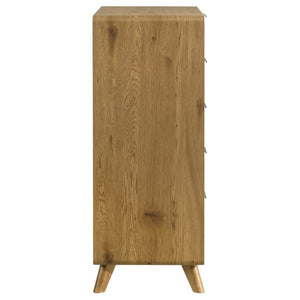 English Elm Beckett Queen Bedroom Set Mid-Century Oak Panel Bed with Reeded Drawers and Tapered Legs B2777S00561