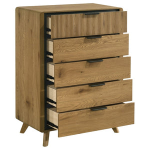 English Elm Beckett Queen Bedroom Set Mid-Century Oak Panel Bed with Reeded Drawers and Tapered Legs B2777S00561