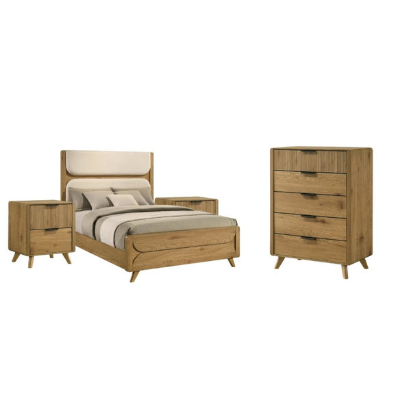 English Elm Beckett Queen Bedroom Set Mid-Century Oak Panel Bed with Reeded Drawers and Tapered Legs B2777S00561