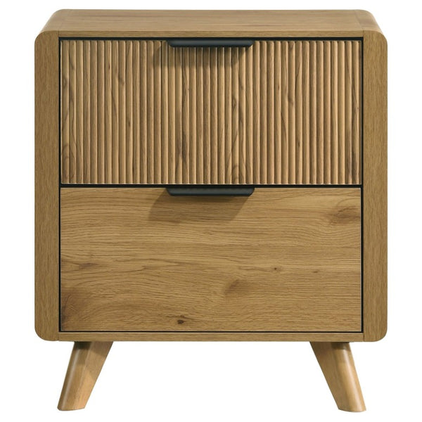 English Elm Beckett Queen Bedroom Set Mid-Century Oak Panel Bed with Reeded Drawers and Tapered Legs B2777S00561