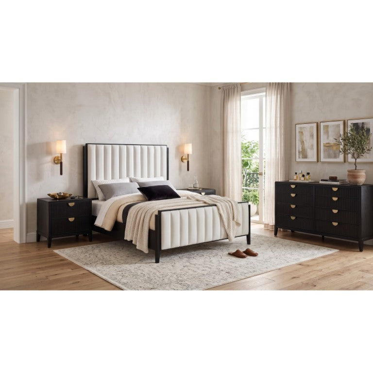 English Elm Berkeley Queen Bedroom Set with Channel Tufted Headboard and Fluted Oak Dresser B2777S00581