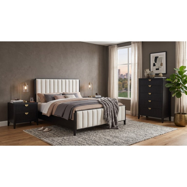 English Elm Berkeley Black Oak Veneer Eastern King Bedroom Set with Ivory Tufted Upholstered Bed B2777S00584