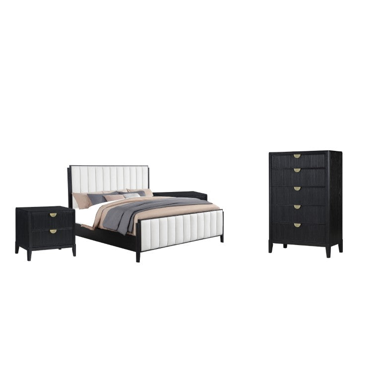 English Elm Berkeley Black Oak Veneer Eastern King Bedroom Set with Ivory Tufted Upholstered Bed B2777S00584