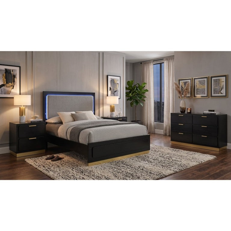 English Elm Camden Queen Bedroom Set with LED Headboard Gold Hardware and Black Finish B2777S00585
