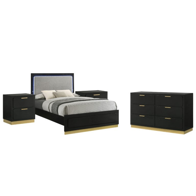 English Elm Camden Queen Bedroom Set with LED Headboard Gold Hardware and Black Finish B2777S00585