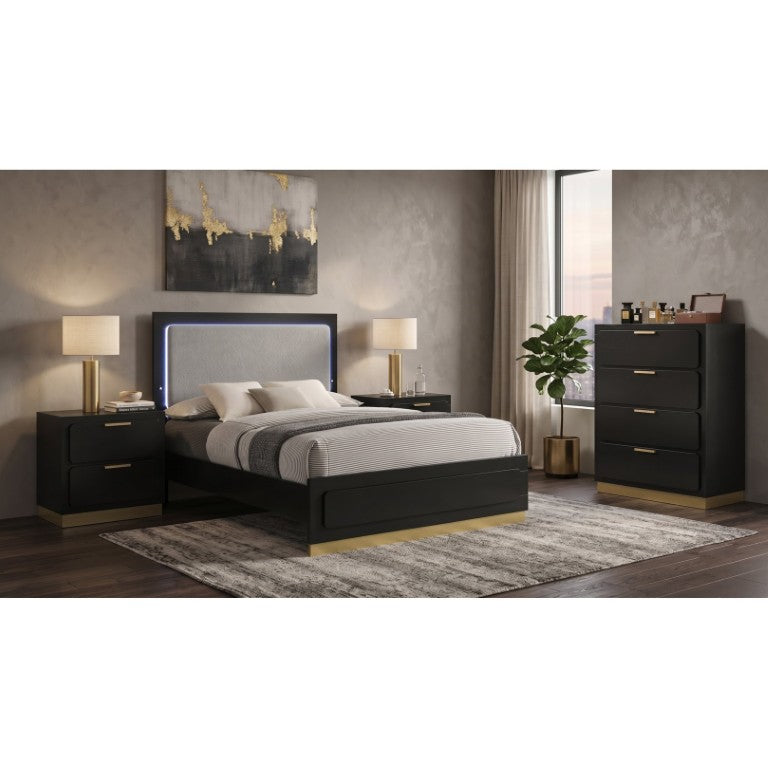 English Elm Camden Queen Bedroom Set with LED Headboard Gold Hardware and Upholstered Panel B2777S00586
