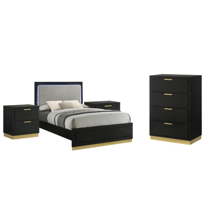 English Elm Camden Queen Bedroom Set with LED Headboard Gold Hardware and Upholstered Panel B2777S00586