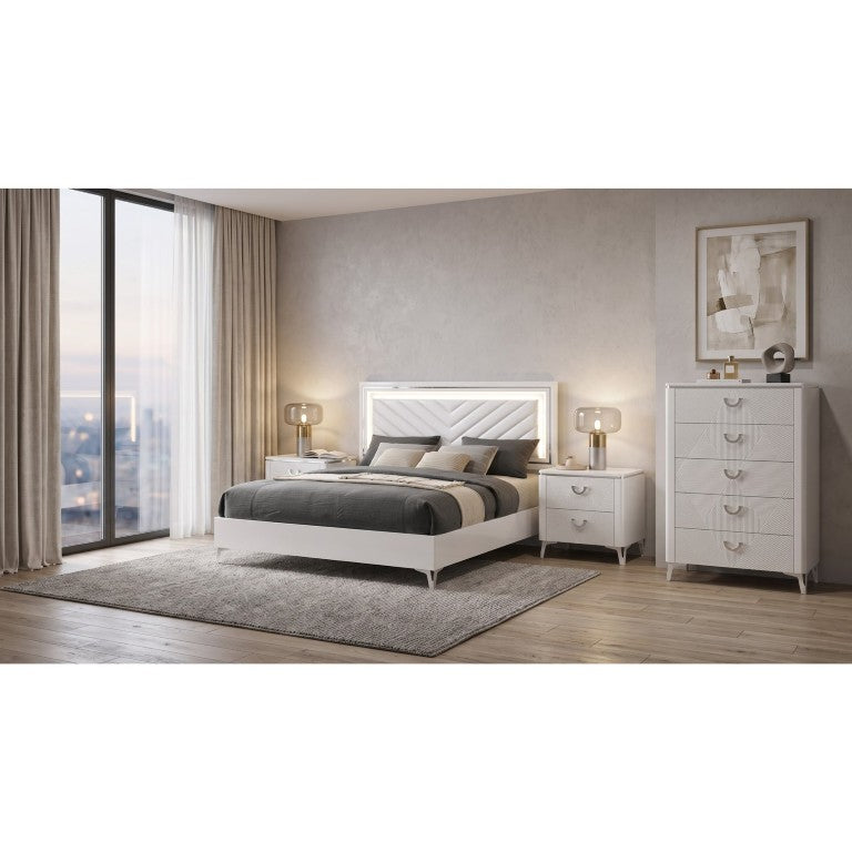 English Elm Corinne Glam Eastern King Bedroom Set with LED Lit Tufted Headboard and Chrome Legs B2777S00590