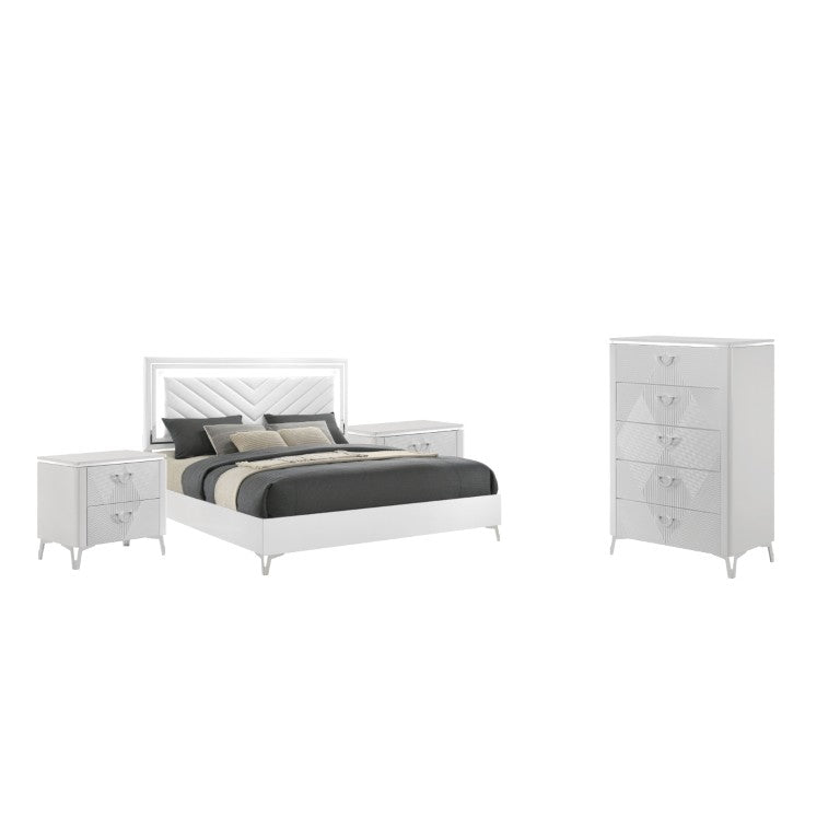 English Elm Corinne Glam Eastern King Bedroom Set with LED Lit Tufted Headboard and Chrome Legs B2777S00590