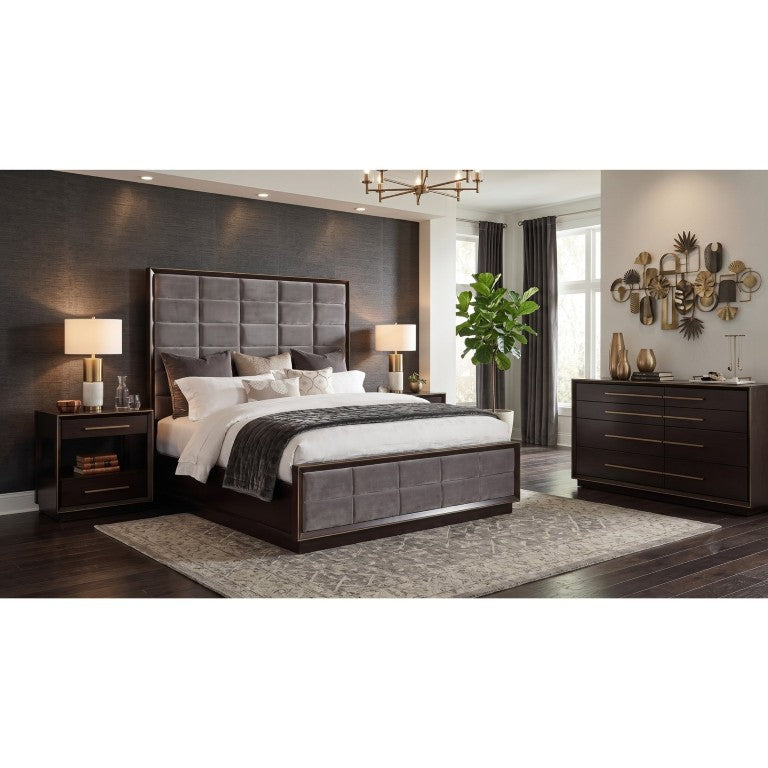 English Elm Dalton Four Piece King Bedroom Set with Birch Veneer and Upholstered Panel Bed B2777S00595