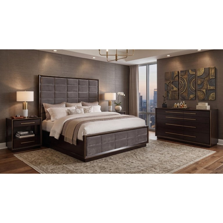 English Elm Dalton Four Piece King Bedroom Set with Birch Veneer and Upholstered Panel Bed B2777S00595