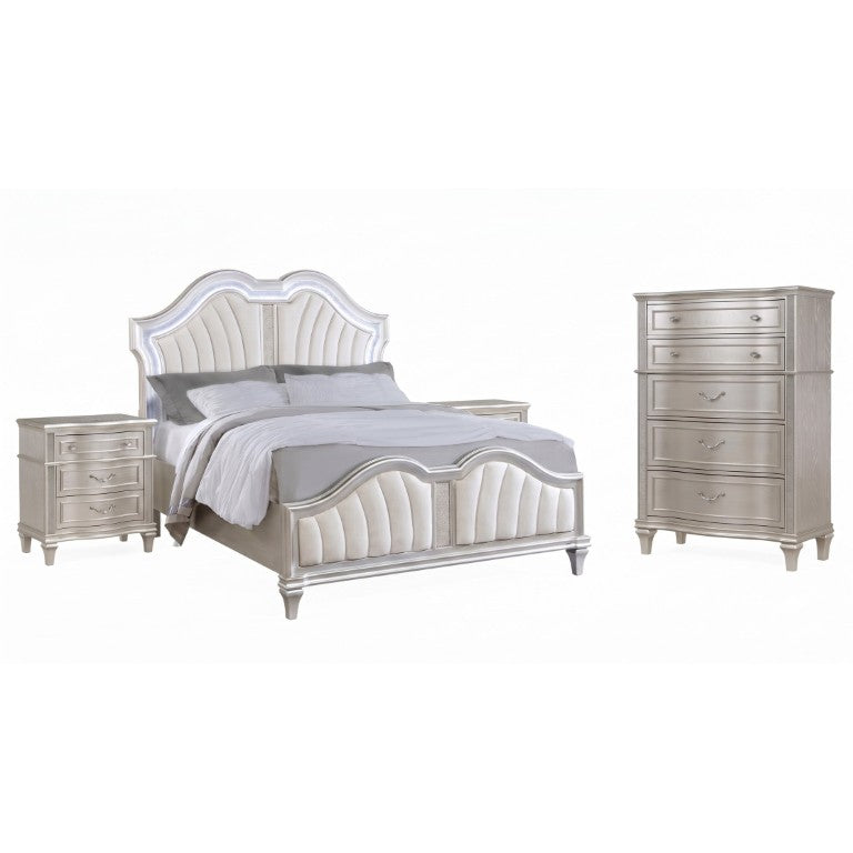 English Elm Emerson Queen Bedroom Set with LED Lighting Tufted Headboard and Silver Oak Finish B2777S00598