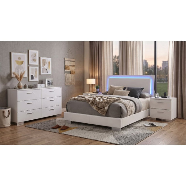 English Elm Zephyr Queen Bedroom Set with LED Headboard Gloss Lacquer Finish and Chrome Accents B2777S00599