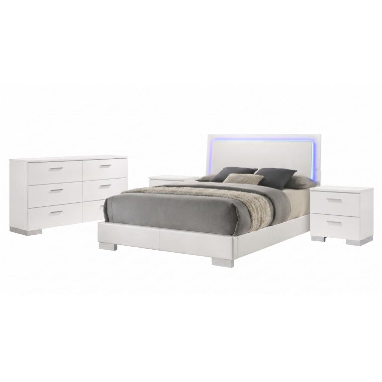 English Elm Zephyr Queen Bedroom Set with LED Headboard Gloss Lacquer Finish and Chrome Accents B2777S00599