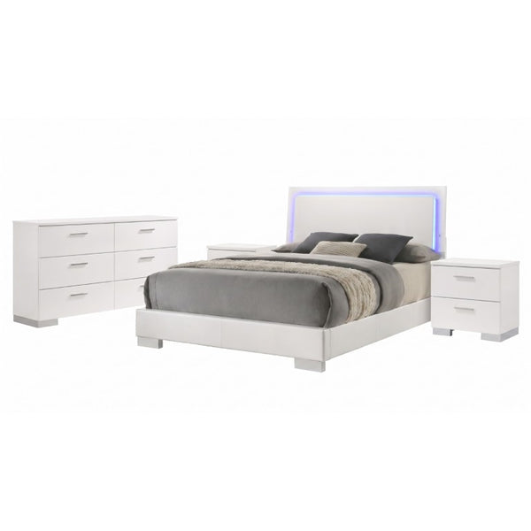 English Elm Zephyr Queen Bedroom Set with LED Headboard Gloss Lacquer Finish and Chrome Accents B2777S00599