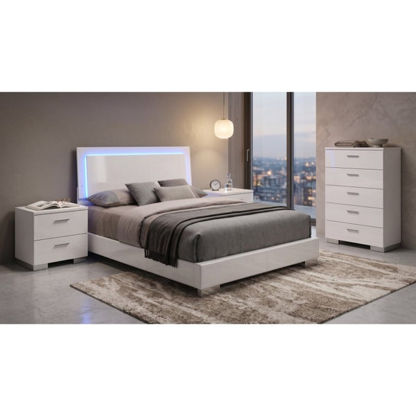 English Elm Zephyr Queen Bedroom Set with LED Lit Headboard Faux Leather Frame and Gloss Storage B2777S00600