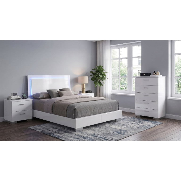 English Elm Zephyr Queen Bedroom Set with LED Lit Headboard Faux Leather Frame and Gloss Storage B2777S00600