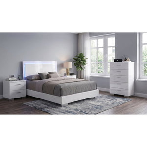 English Elm Zephyr Queen Bedroom Set with LED Lit Headboard Faux Leather Frame and Gloss Storage B2777S00600