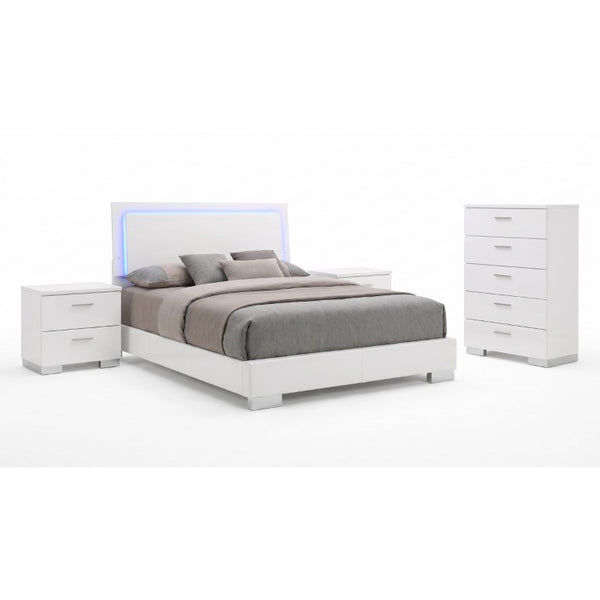 English Elm Zephyr Queen Bedroom Set with LED Lit Headboard Faux Leather Frame and Gloss Storage B2777S00600