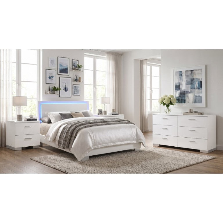 English Elm Zephyr Eastern King Bedroom Set with LED Lighting Faux Leather Gloss White Finish B2777S00601