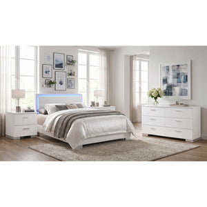 English Elm Zephyr Eastern King Bedroom Set with LED Lighting Faux Leather Gloss White Finish B2777S00601