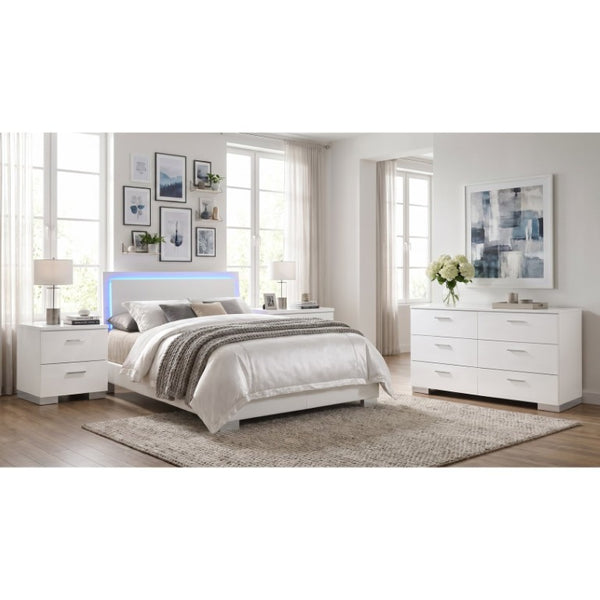 English Elm Zephyr Eastern King Bedroom Set with LED Lighting Faux Leather Gloss White Finish B2777S00601