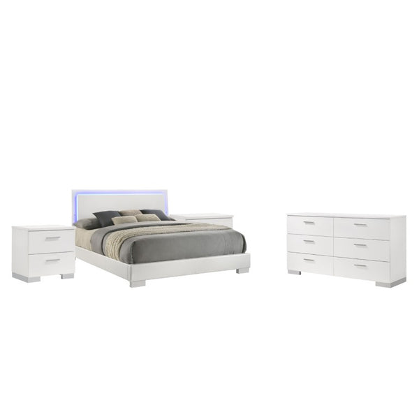 English Elm Zephyr Eastern King Bedroom Set with LED Lighting Faux Leather Gloss White Finish B2777S00601