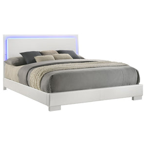 English Elm Zephyr Eastern King Bedroom Set with LED Lighting Faux Leather Gloss White Finish B2777S00601