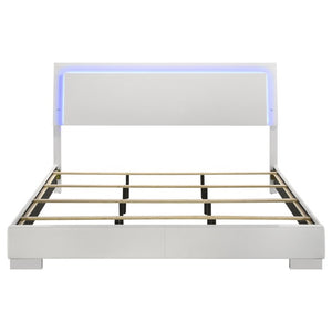 English Elm Zephyr Eastern King Bedroom Set with LED Lighting Faux Leather Gloss White Finish B2777S00601
