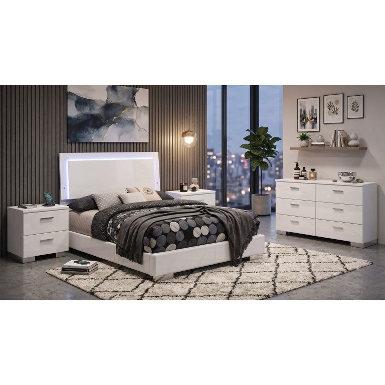 English Elm Zephyr Full Bedroom Set High Gloss White with LED Lighting Faux Leather Bed Chrome Accents B2777S00603