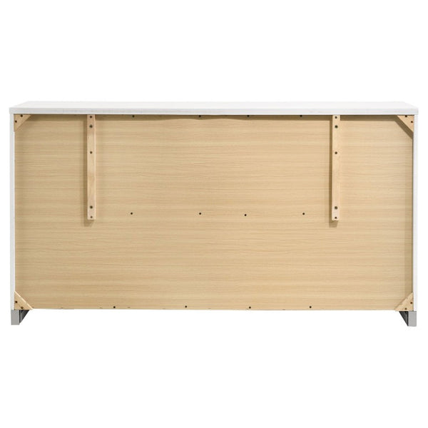 English Elm Zephyr Full Bedroom Set High Gloss White with LED Lighting Faux Leather Bed Chrome Accents B2777S00603