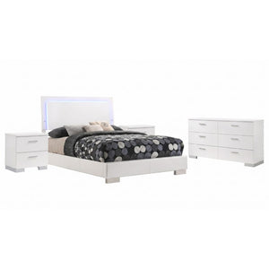 English Elm Zephyr Full Bedroom Set High Gloss White with LED Lighting Faux Leather Bed Chrome Accents B2777S00603