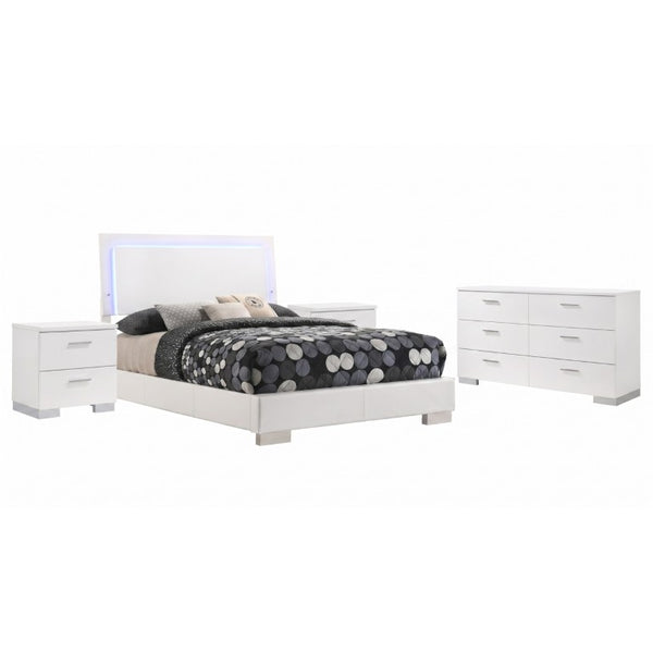 English Elm Zephyr Full Bedroom Set High Gloss White with LED Lighting Faux Leather Bed Chrome Accents B2777S00603